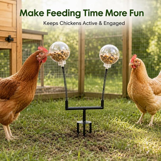 Chicken Treat Dispenser Toy, 15.7-Inch Dual-Spring Slow Feeder with 2 Clear Pecking Balls and Ground Stake, 360-Degree Rotating Enrichment Toy for Hens and Backyard Chickens