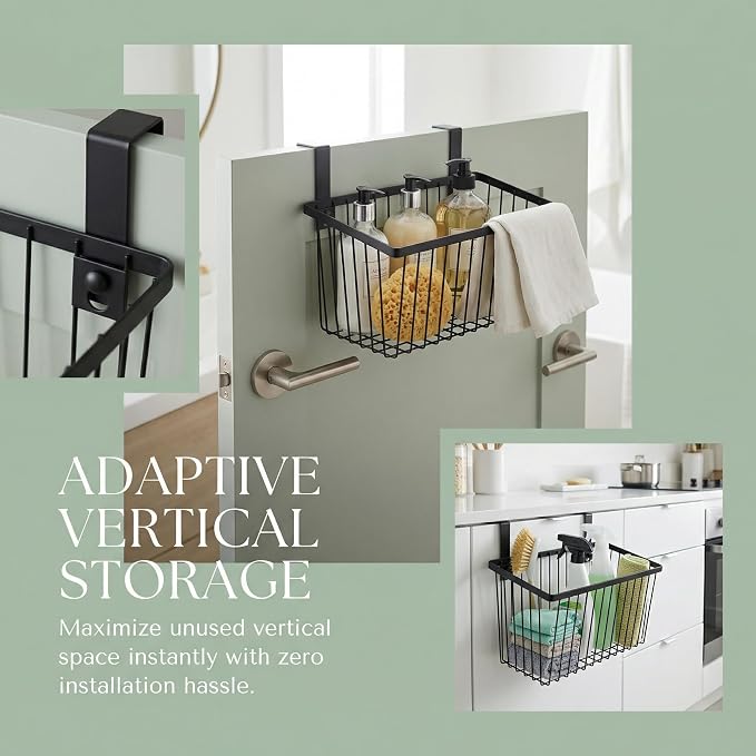 LeleCAT Grid Storage Baskets with Hooks, Over Cabinet Door Organizer, Wire Basket Hanging Storage Organizer, Kitchen Bathroom Organizer (Black, Large)