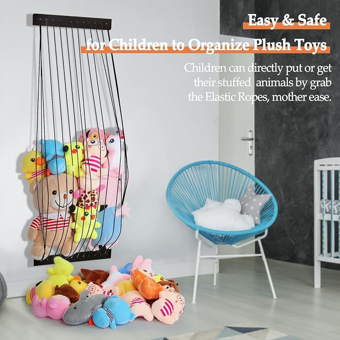 Stuffed Animal Storage Wooden Soft Toy Storage for Kids Room，Wall Mount Door Hanging Stuffed Animal Toy Organizer Shelf for Nursery Play Room Black -Patent