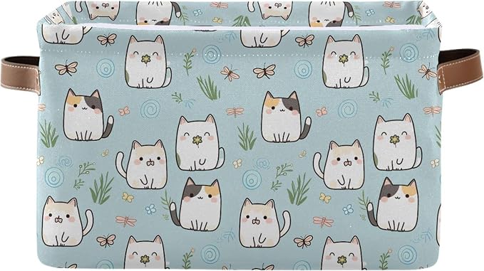 Wamika Cute Cats Storage Basket Fabric Storage Bin Laundry Baskets, Funny Cat Kitty Foldable Storage Boxes Organizer Bag for Baby Cloth Dog Toy Book Storage Cubes Shelf Closet Basket 16×12×8 Inches