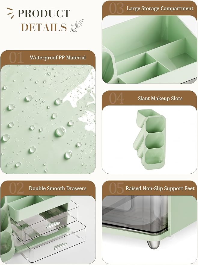 Large Makeup Organizer Countertop for Vanity Skincare Organizers Green | Cosmetic Organizer with Brush Holder and 2 Drawers, Beauty Makeup Storage for Lipsticks, Nail Polishes, Eyeshadow Palettes