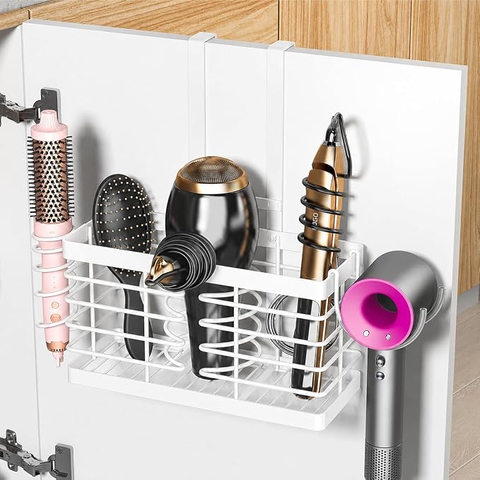 2026 Upgraded 3-in-1 Universal Hair Tool Organizer, L Size, White | Adjustable Height Metal Hair Dryer Holder, Wall Mounted, Over Cabinet Door, Countertop, Bathroom Storage