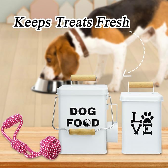 Dog Food Storage Container Set of 2 Dog Treat Container with Airtight Lids Dog Treat Jar with Scoop Metal Dog Food Holder with Wooden Handles for Kitchen Counter and Pantry Home Decor - Beige