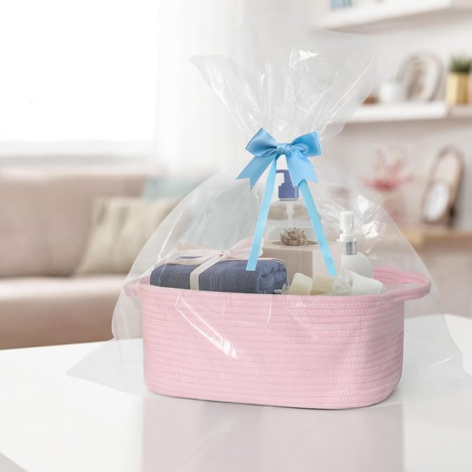 MEGASKET Pink Woven Storage Basket, Cotton Rope Gift Basket Empty, Cute Organizer for Girls, Decorative Baby Nursery Closet Bin, Pink Room Decor, Gift Ready Bin with Handle, Wicker Pet Toy Storage Box