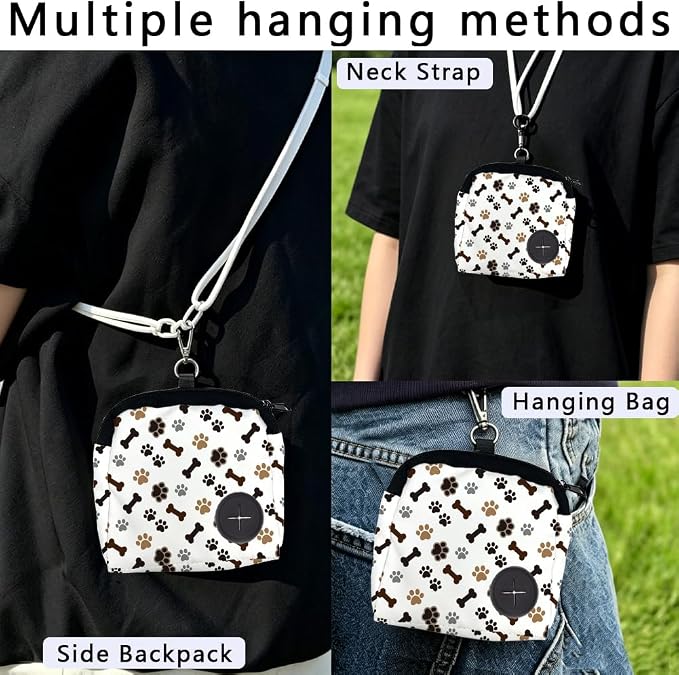 Dog Training Treat Pouch 5.12 x 4.72 Inch Clip on Pet Treat Bag Paw Print Pattern Polyester Portable Snack Reward Dog Food Dispensers with 1 Roll Garbage Bags for Traveling Outdoor Use