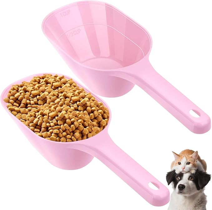 2 PACK Dog Food Scoop,1 Cup Capacity Pet Food Scoop For Dog and Cat (Pink) | Clear Markings for Precise Measuring 1/2 and 1 Cup Lines,Dishwasher Safe,Plastic,Portable and Sturdy