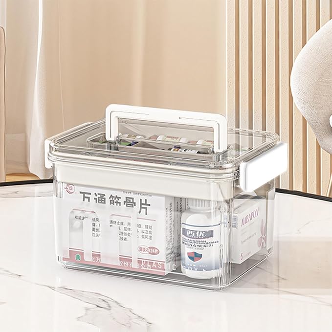 Medicine Storage Box with Handles, Clear Plastic Medicine Storage Organizer & First Aid Box, Multipurpose Medical Supply Organizer with Removable Tray for Home, Office & Travel(Clear)