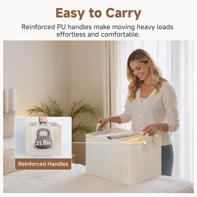 StorageWorks Linen Closet Storage Bins, 45L Storage Baskets, Beige, 2-Pack | Extra Large, With Reinforced PU Handles, Metal Frame, Collapsible Basket for Shelves, Closet, Holds Clothes, Towels, Blankets