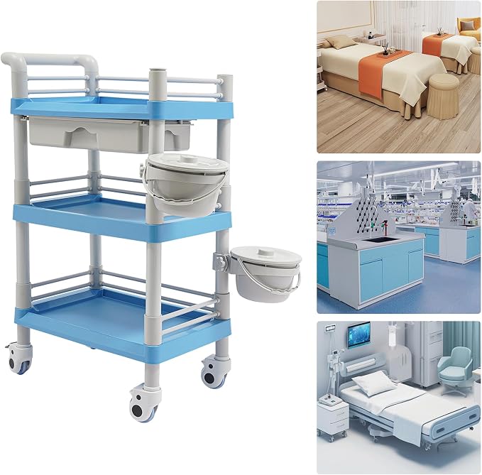 Mobile Salon Storage Cart with Wheel and Drawer, Portable 3-Tier Professional Trolleys, 176 Lbs Load Utility Tool, for Barber Stores, Spas, Homes, Beauty Store, Pet Shops (Blue)