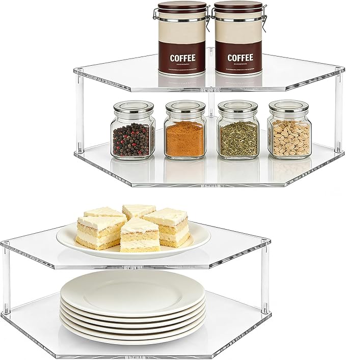2 Pcs Black Acrylic 2-Tier Stackable Corner Organizer Shelf | Space Saving Clear Acrylic Corner Rack to Organize Spices, Tableware and Household Supplies