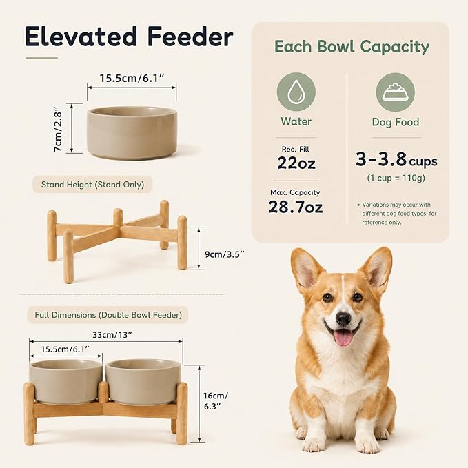 Havniva Ceramic Dog Bowls Elevated, Raised Dog Food Bowl for Small Dogs | 6.1” Elevated Dog Bowls, Non-Slip Wood Stand, Dog Food and Water Bowl Set, Dog Feeding Dish, Large Capacity Pet Water Bowl