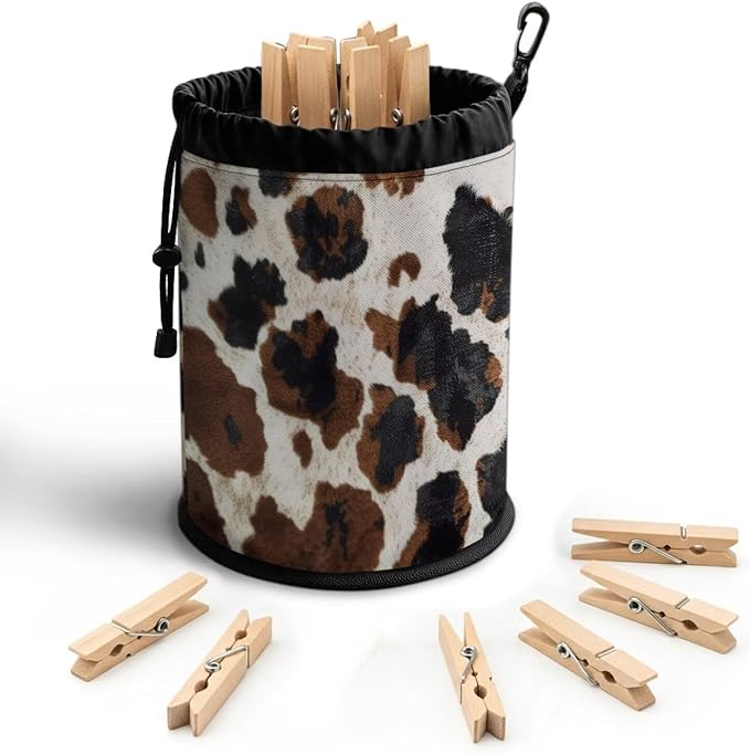 Drawstring Clothespin Bag, Brown Leopard Print Laundry Clip Organizer Pouch with Metal Grommet Hanging Loop, Portable Storage for Washing Pegs, Camping, Dorm, RV