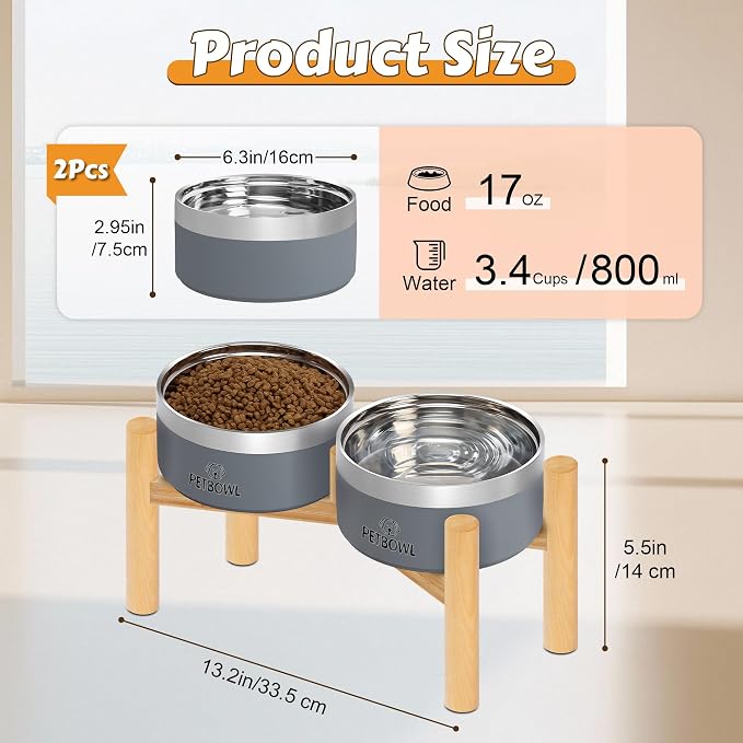 UPSKY 27oz Elevated Stainless Steel Dog Bowls Non-Slip Wooden Stand Grey | Double Bowls, Raised Feeding, Reduces Neck Strain, For Small & Medium Dogs, Food and Water Use Indoor & Outdoor