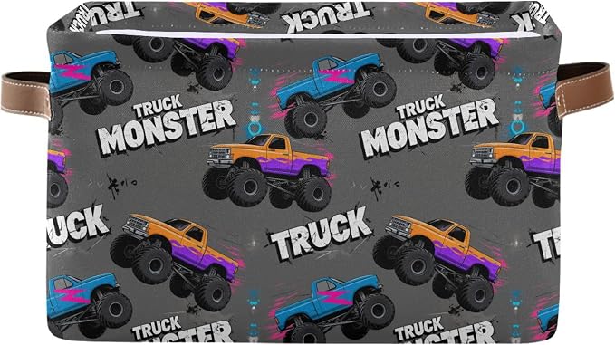 Wamika Monster Truck Black Red Blue Storage Basket Fabric Toy Baskets Racing Cars Boys Open Home Storage Bins Boxes Foldable Organizer Bag for Toy Book Shelf Closet Baskets 16×12×8 Inches
