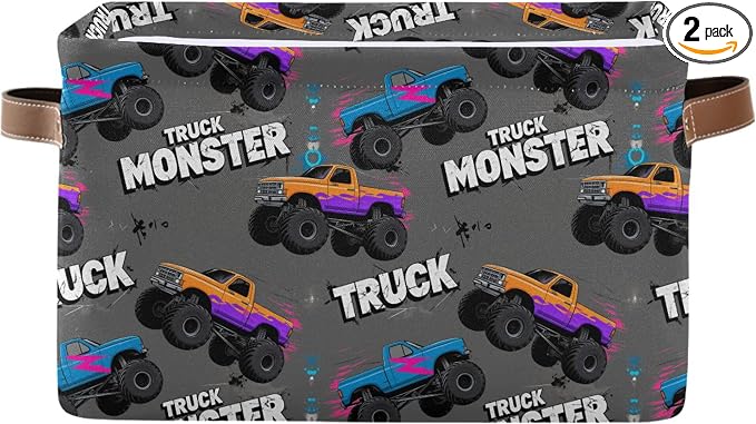 Wamika Monster Truck Black Red Blue Storage Basket Fabric Toy Baskets Racing Cars Boys Open Home Storage Bins Boxes Foldable Organizer Bag for Toy Book Shelf Closet Baskets 16×12×8 Inches 2 Pack