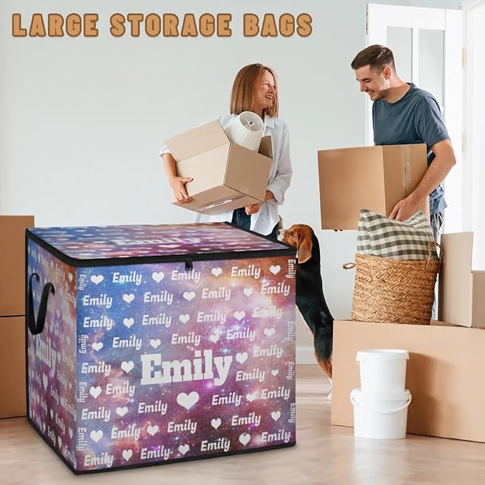 Custom Comforters Storage Basket with Lid, Personalized Name Large Organizer Bin for Pet/Children Toys, Books, Clothes, Perfect for Rooms/Playroom, Galaxy Universe with Love Heart