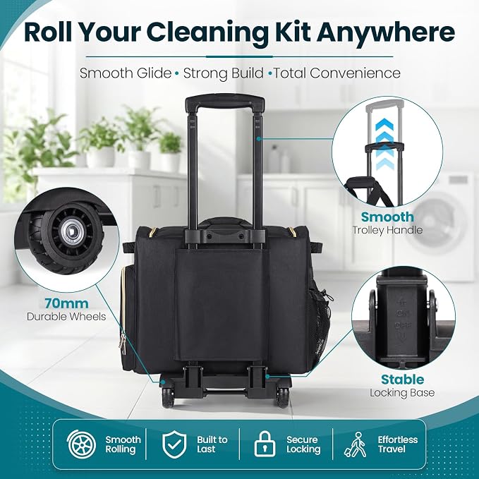 INSMEER Cleaning Caddy with Wheels,3 Removable Clear Bag and 1 Shoulder Bag | Large Cleaning Cart on Wheels,Water Resistant Cleaner Supplies Organizer with Wheels for Kitchen, Tool Organizer