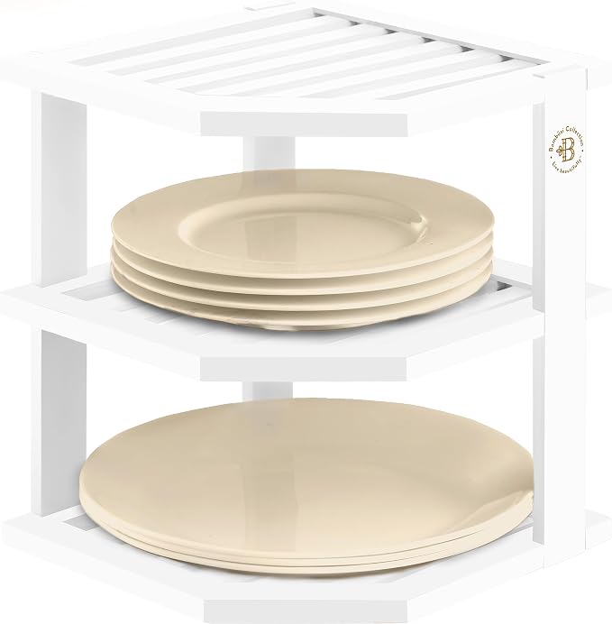 White Plate Organizer for Cabinet - 3 Tier Bamboo Corner Cabinet Organizer Shelf for Plates Bowls Mugs Cups, Kitchen Cabinet Organizer, Cabinet Shelf Organizer, Countertop Rack, 10 x 10 x 9.5 Inch