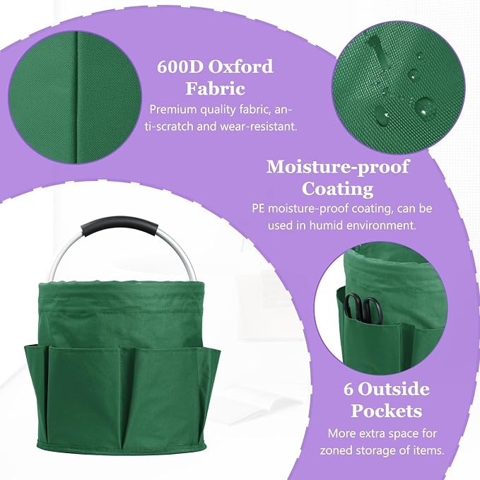 17L Cleaning Caddy with Handle, 600D Oxford Cleaning Supply Caddy with 6 Pockets, Foldable Tool Bucket Organizer for Housekeeping, Gardening, Car Detailing, Traveling, Camping, Green