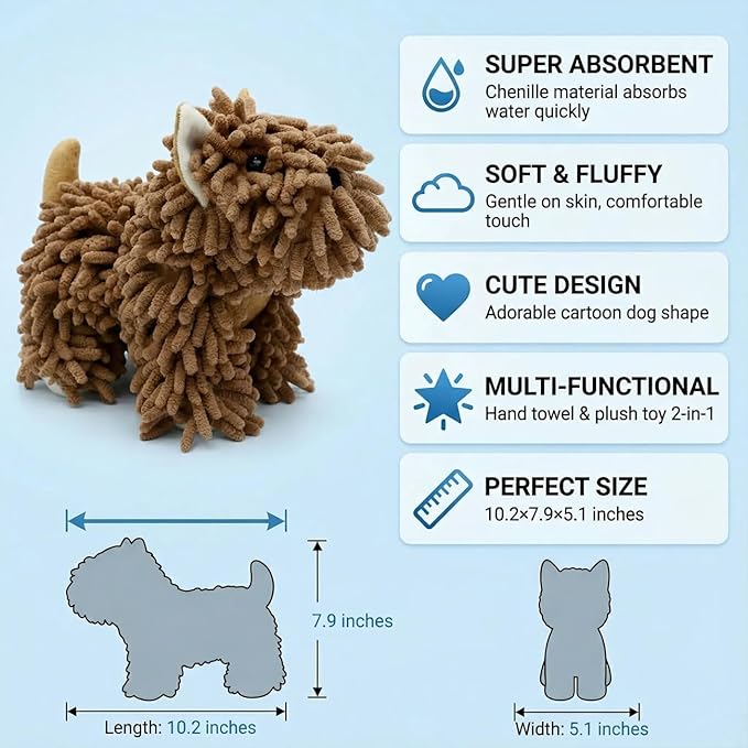 Cute Dog Chenille Hand Towel, 3D Puppy Hangable Fuzzy Ball Hand Towel Microfiber Super Soft Absorbent Bathroom & Kitchen Towels with Hanging Loop, Can Be Placed on the Sink Countertop (Dark Brown)