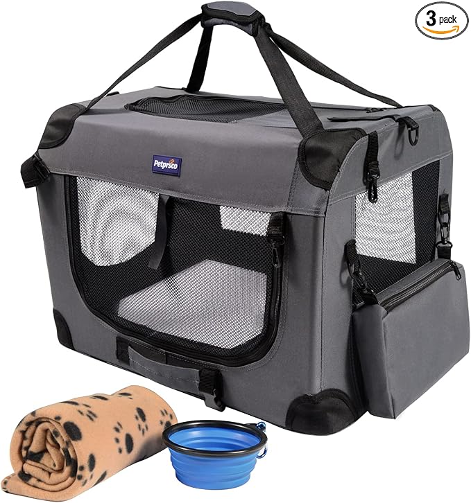 Petprsco Portable Collapsible Dog Crate, 24" Soft Dog Crate for Car Travel | Includes Mat, Blanket & Bowl, Strong Fabric, 4-sided Mesh Vents, 3 Doors, Fit Small Dogs & Large Cats Indoor and Outdoor Use