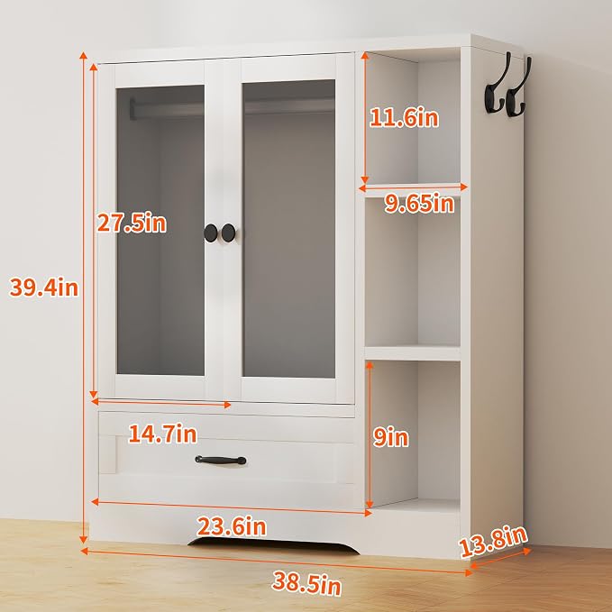 Pet Wardrobe Cabinet, Dog Clothes Closet with RGB LED, Acrylic Door & Drawer, MDF Wooden Storage Organizer for Cat Dog, White