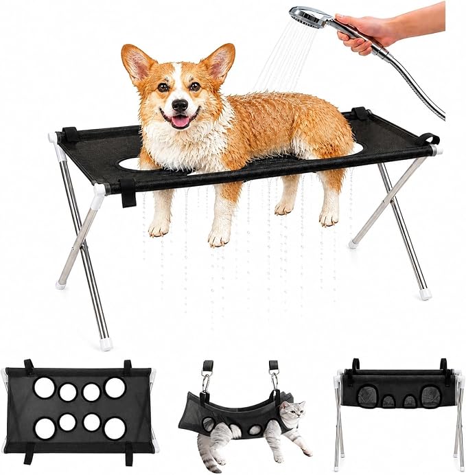 Dog Grooming Hammock Stand, Foldable Dog Bath Holder Sling Shower Chair | Heavy-Duty Pet Bath Stool for Small & Medium Dogs, Home Salon Grooming, Washable Mesh, Joint Support & Restraint(Black,Base)