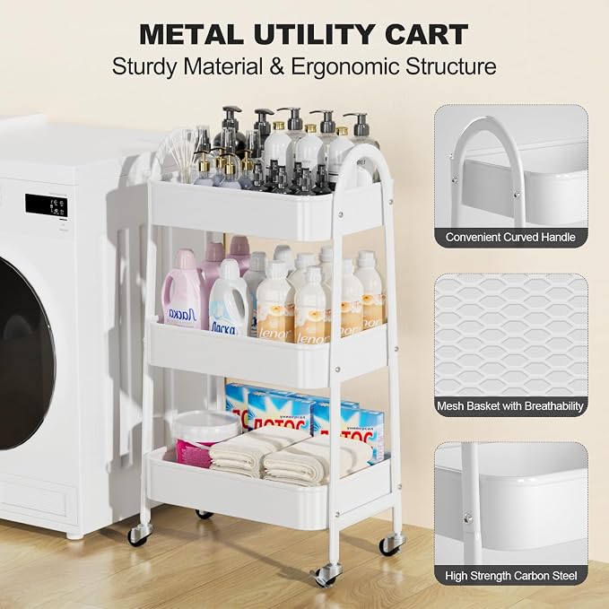 3 Tier Rolling Cart Under Desk, Large Metal Storage Cart with Handle and Lockable Wheels, Big Multifunctional Storage Organizer Trolley for Kitchen, Living Room, Office, Garage (White)