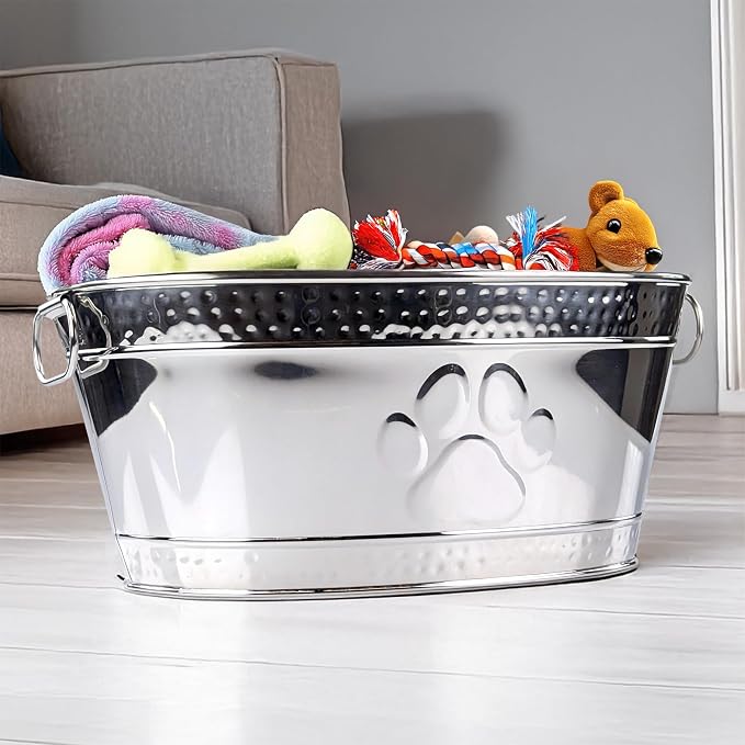 BREKX Steel Metal Pet Storage & Dog Toy Bin w/ Handles, Chew Proof | Dog Toy Box • Stainless Steel • Organizer