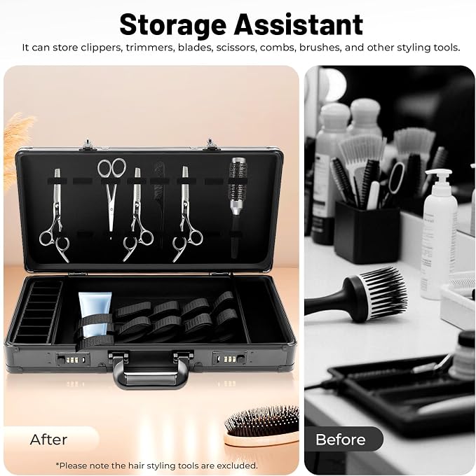 Professional Barber Carrying Case with Fireproof Panel & 3-Digit Lock, Aluminum Alloy Stylist Organizer for Hairstylists, Pet Groomers, Makeup Artists (Black)