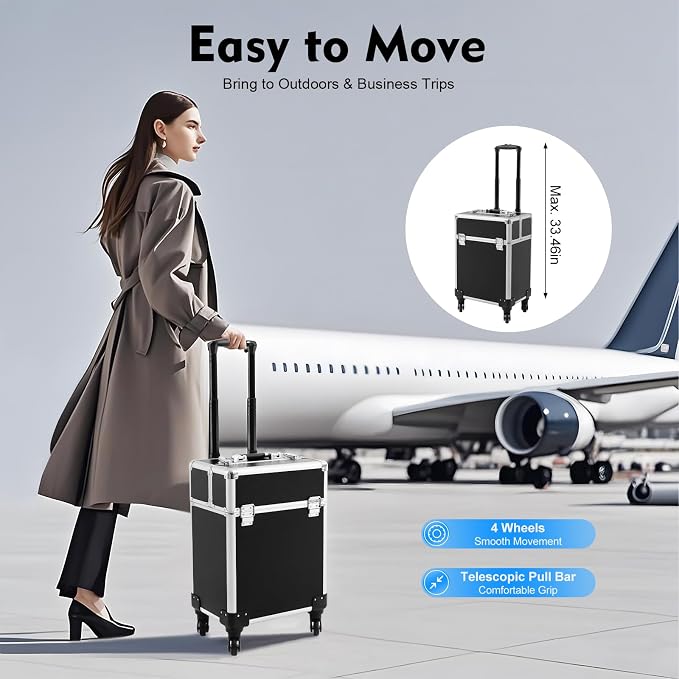 Rolling Makeup Train Case, Aluminum Cosmetic Case Rolling Makeup Trolley Case with Key, Large Storage Cosmetic Trolley 4 Tray with Sliding Rail, Salon Barber Case Traveling Cart Trunk