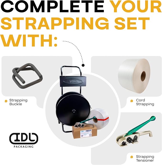 IDL Packaging Strapping Cart & Dispenser for Cord Strapping (16" x 3" Core) | CA-248 for Woven Cord Coils - Durable Steel Tube Frame and Rubber Wheels - Built-In Tray for Cutter, Buckles, & Gloves