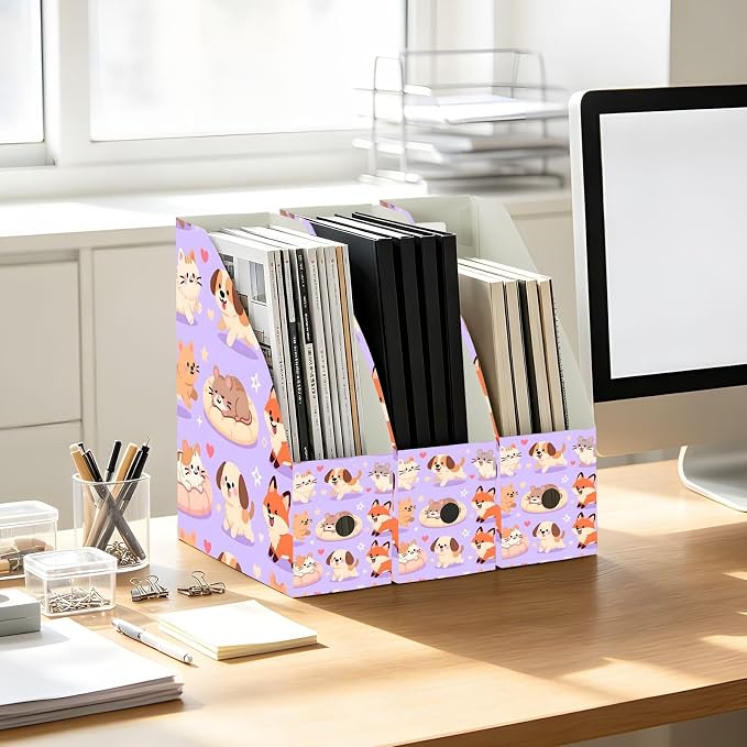 Magazine Holder, Kawaii Pet Pattern Magazine File Holder with Label, 6 Pack Decorative Foldable Magazine Desk Organizer for Office Home Organization Storage