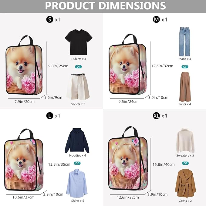 Adorable Pomeranian & Pink Flower Basket Compression Packing Cubes Set Of 4, Lightweight Expandable Travel Organizer Bags With Double Zipper For Vacation Business