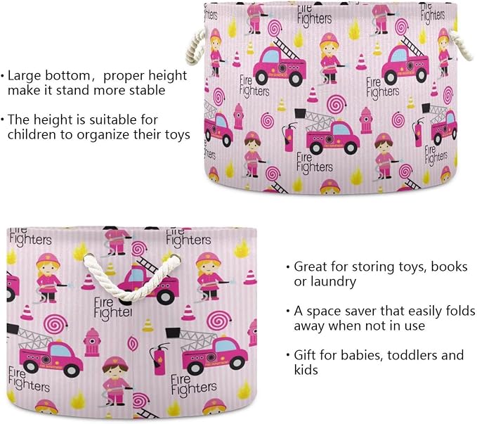Pink Firefighter Collapsible Round Storage Basket with Handles | Fire Trucks Equipment Large Laundry Baskets Hamper, Organizer Bin for Nursery Bedroom Living Room Decor, 20x 20x 14 Inches