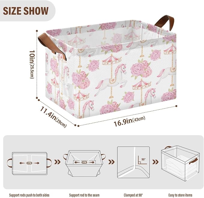 Cute Carousel Horse with Pink Flower Baby Storage Basket with Label&Handles Rectangular Waterproof Nursery Storage Bins Collapsible Shelf Organizer Baskets for Kids Books Cloth Gift Toys Laundry, 2 PC