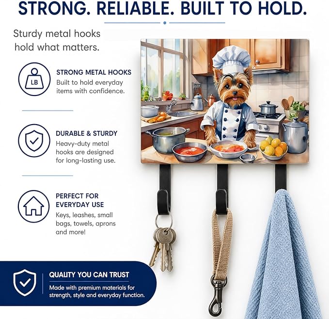 Caroline's Treasures Yorkie Yorkshire Terrier The Chef Leash or Key Holder Wall Hooks, Key Hooks Holder, Coat Rack Wall Mount, Coat Hooks, Hooks for Hanging Keys, Towels, Aprons, Leashes | Yorkie Yorkshire Terrier The Chef artwork on ceramic tile with ...