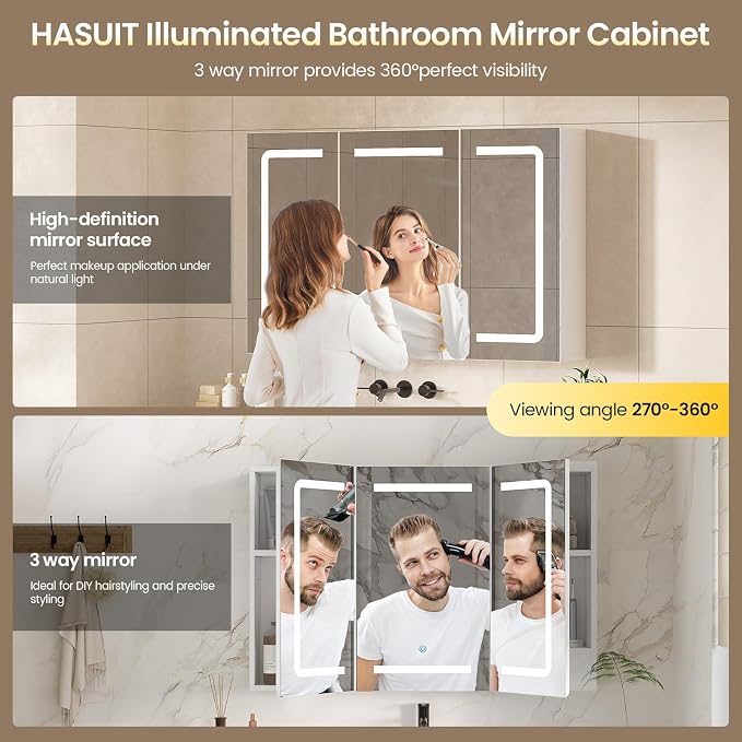Medicine Cabinet Organizer with Mirror, Lighted Bathroom Medicine Cabinet with Storage, 3 Doors Bathroom Wall Cabinet with LED Lights, Adjustable Shelves & Outlets, 35.4'' x 23.6'', White