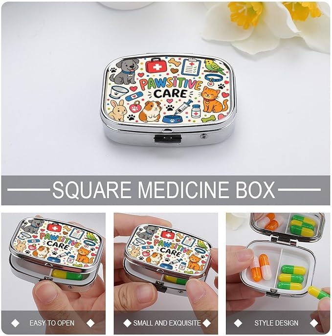 Pawsitive Care and Pet Love Two Compartment Pill Box Medicine Organizer, Portable Pill Case with Secure Snap Closure for Vitamins Medication Supplements Daily Use