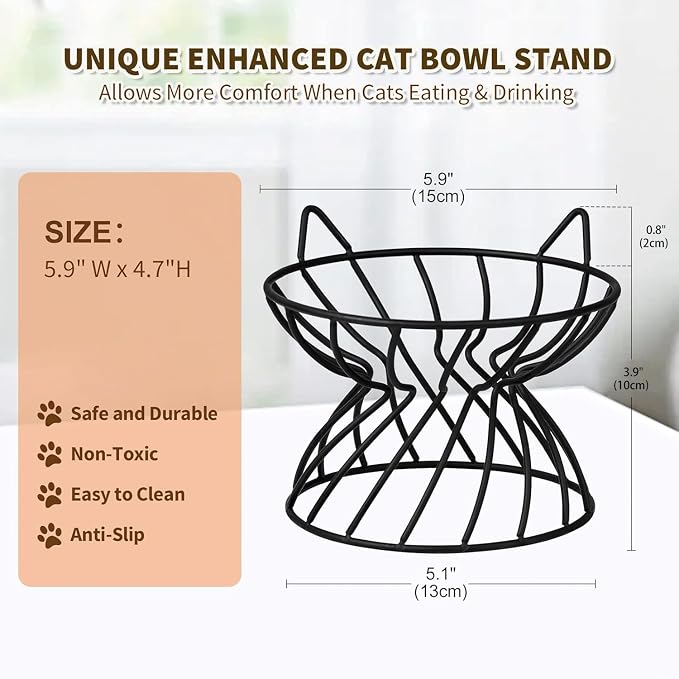 Metal Stand for Cat Dish - Raised Cat Bowl Holder with Anti Slip Sleeves - Black Iron - Elevated, Anti Vomiting, Backflow Prevention - 5.9 x 4.7 inches