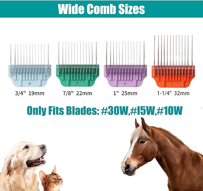 Dog Animal Stainless Steel Wide Clipper Attachment Guard Comb Set for A5 Series | Snap-On/Off Design Combs,Only Fir for 10W/15W/30W Wide Blade (Large 4-Piece)