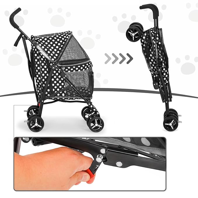 MoNiBloom Pet Stroller for Small/Medium Dogs and Cats, Black Polka Dots | Foladble 4 Wheels Easy-Fold Puppy Cage Jogger Stroller with Sun Cover, Pad and Rear Storage Bag, Breathable and Visible Mesh