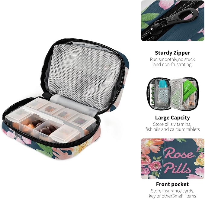 Custom Pill Box 7 Day Pill Case Bag Watercolor Floral Flower Personalized Name Travel Pill Organizer Bag with Zipper Portable Weekly Case Compact Size for Vitamin Supplement Holder