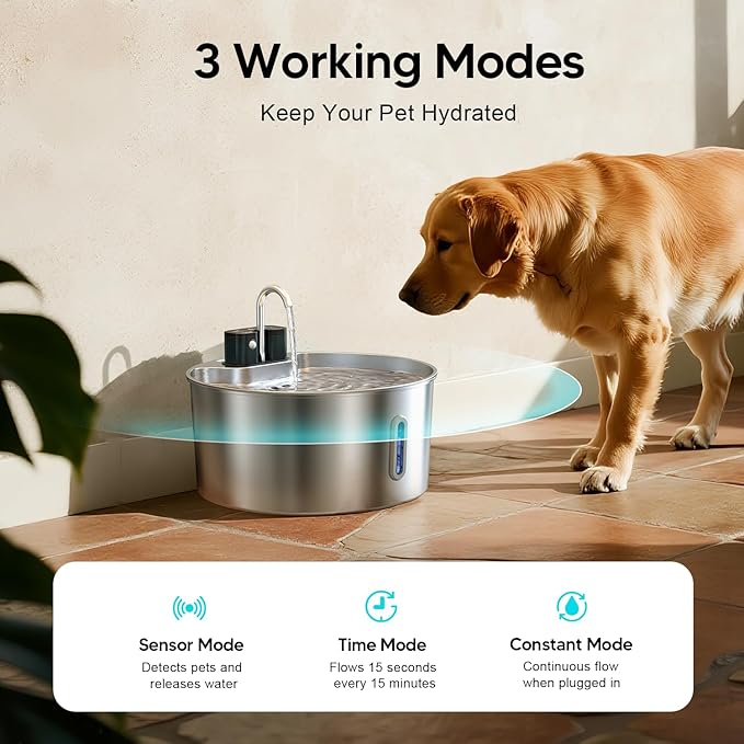 Voluas Dog Water Fountain: 1.8Gal/7L Wireless Stainless Steel Dog Fountain Bowl for Small to Large Dogs, Battery Operated Pet Water Dispenser Indoor with Ultra-Quiet Pump, Easy Clean, 3 Filter