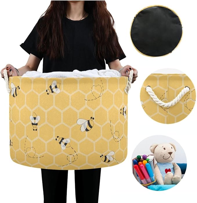 DOMIKING Large Storage Basket for Toys Bee Yellow Print Storage Bin Box Laundry Basket for Nursery Room Home Decor, Pet Toy, Blankets