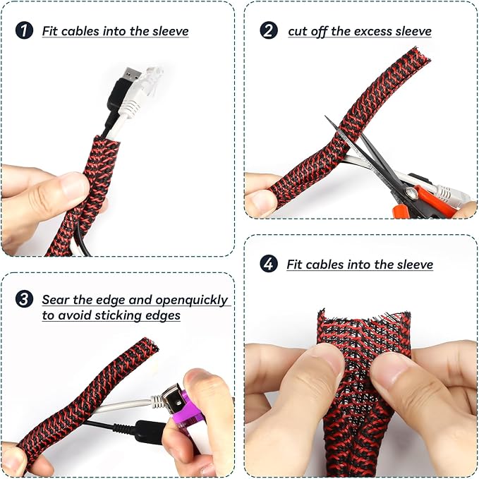 Wire Loom Tubing, 10ft Split Braided Cable Management Sleeve, Flexible Mesh Cord Protector Cable Sleeve for TV Computer (Red and Black, 3/8")