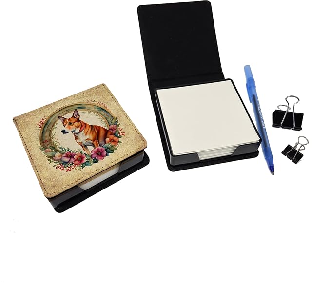 Caroline's Treasures Basenji and Flowers PU Leather Note Paper Holder with Artist-Designed Cover, Desk Accessory, Office Gift