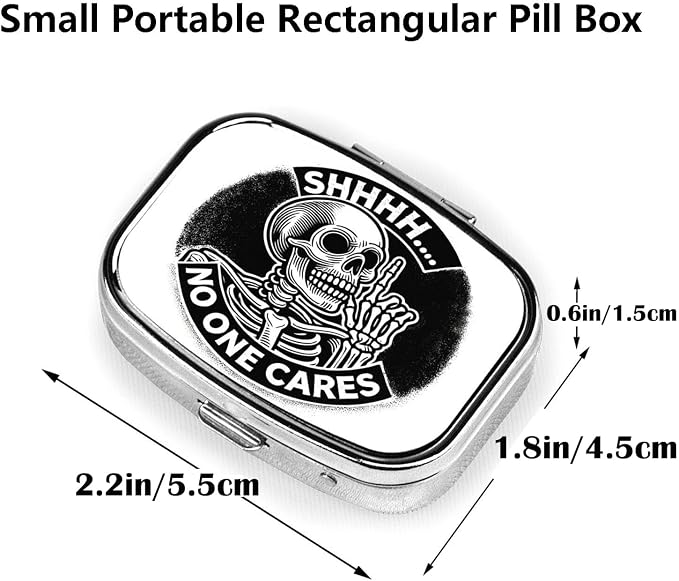ABLESKY Pill Box, 2 Compartment Pill Organizer Case for Pocket or Purse, Small Portable Metal Travel Medicine Box with Mirror, Daily Vitamins Fish Oil Container-Funny Skull No One Cares