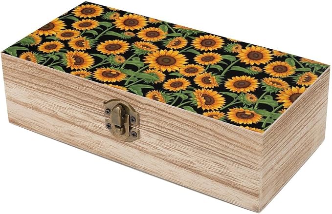 Wooden Memory Keepsakes Box with Hinged Lid and Clasps, Giant Sunflower | Black Crafts Storage Organizer Gift Boxes, Jewelry Container Home Decor for Birthday Party Favor