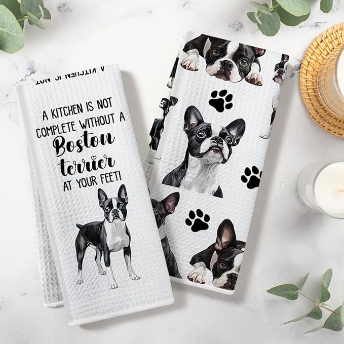 Boston Terrier Waffle Weave Kitchen Towels, Quick Dry Multipurpose Hand Towels for Bathroom, Absorbent Reusable Cloth Tea Dish Towels for Home Decor, Dog Lover Gift Towel Set of 2